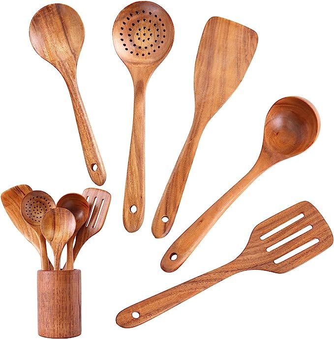 InnoStrive Wooden Spoons For Cooking 6 pack Wooden Utensils For Kitchen Natural Teak Wooden Spoon... | Amazon (US)