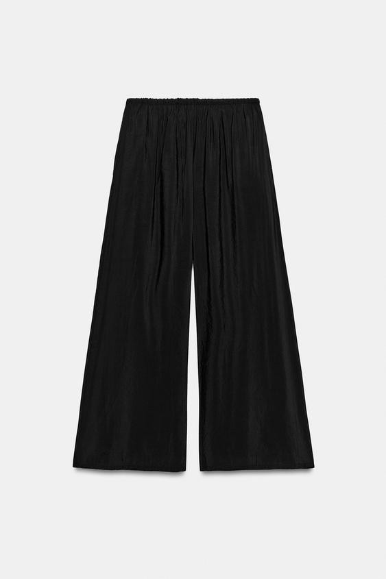 Zara - Flowy Drawstring Palazzo Pants - Light Khaki - M - Woman | Zara US