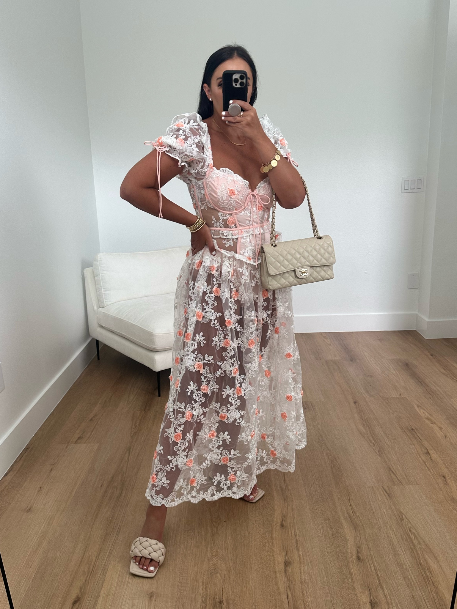 For Love & Lemons Tessa Midi Dress wearing size medium. Vagabond Braided Square Sandal  slides wearing size 9. 
