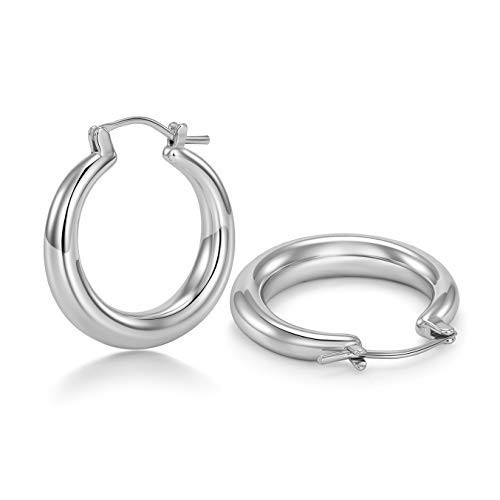 sovesi Chunky Silver Hoop Earrings for Women with 925 Sterling Silver Post, White Gold Plated Small Thick Hoops Earrings for Women 25mm | Amazon (US)