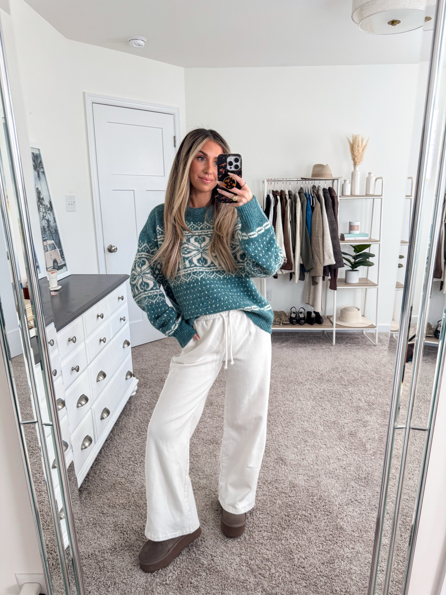 Target holiday sweater: small
Abercrombie wide leg sweatpants: xs 
Amazon Ugg platforms: size up if between 

#LTKSeasonal #LTKFindsUnder100 #LTKHoliday