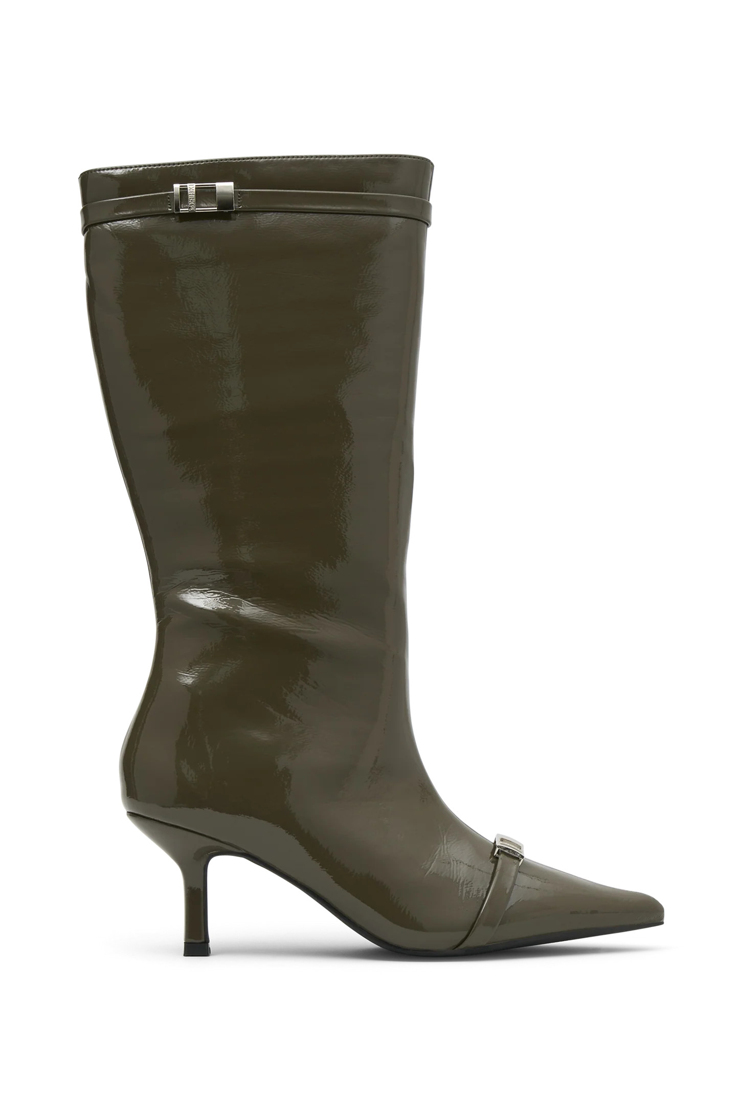 Astra Patent Faux Leather Buckle Boot - Khaki | Meshki (APAC)