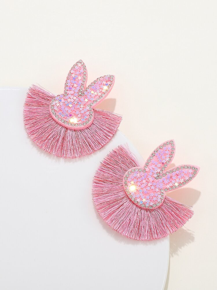 Sequin Decor Rabbit Head & Tassel Stud Earrings | SHEIN