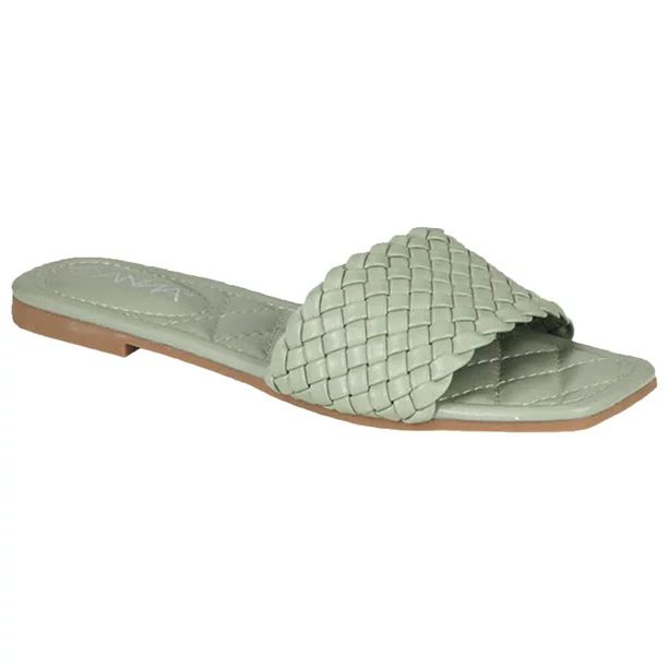 SNJ New Women's Braided Quilted Single Band Strap Flat Square Toe Open Slide Sandal - Walmart.com | Walmart (US)