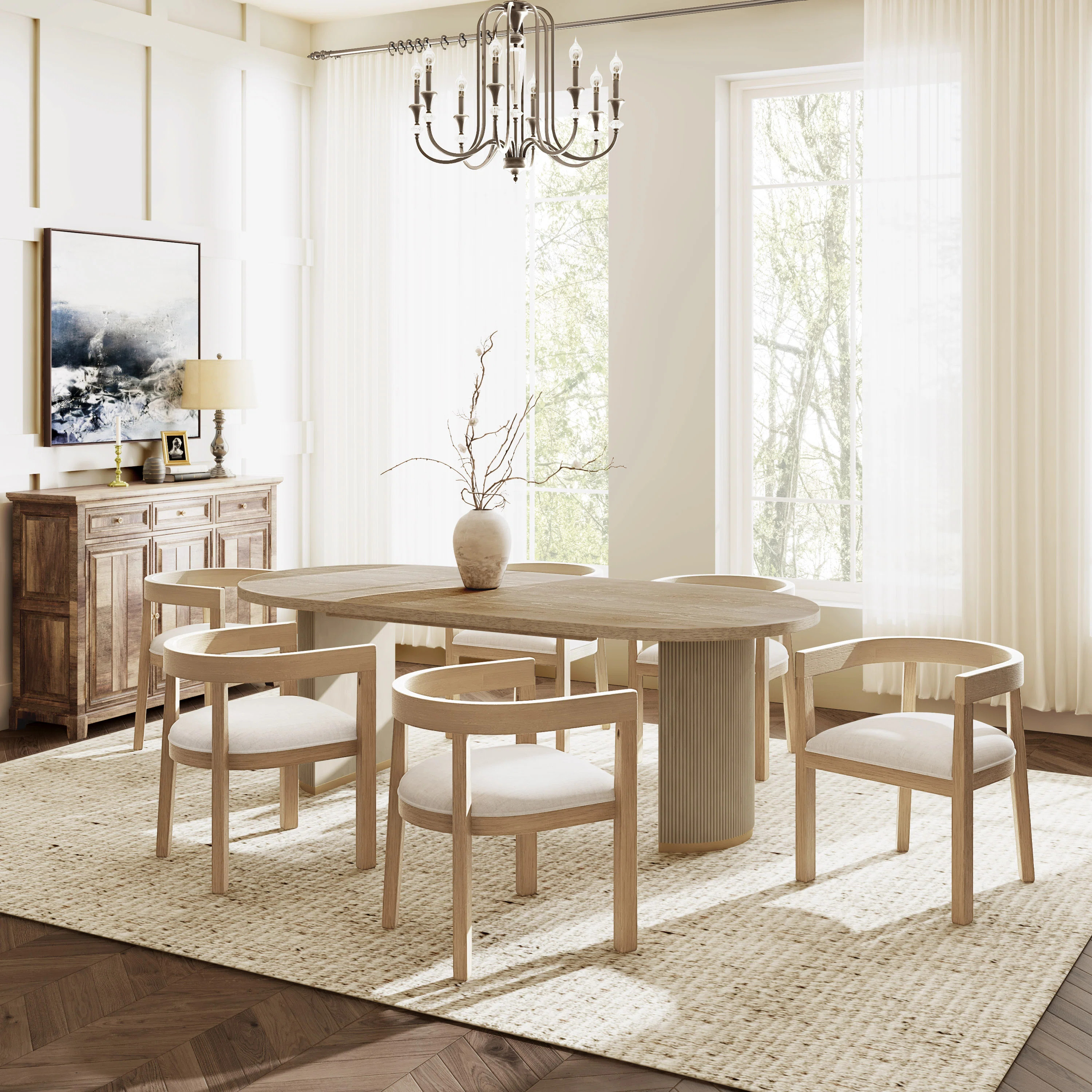 Aurelia 7-Piece Mid-Century Modern Rubberwood Dining Set With Upholstered Tub Chairs | Wayfair North America