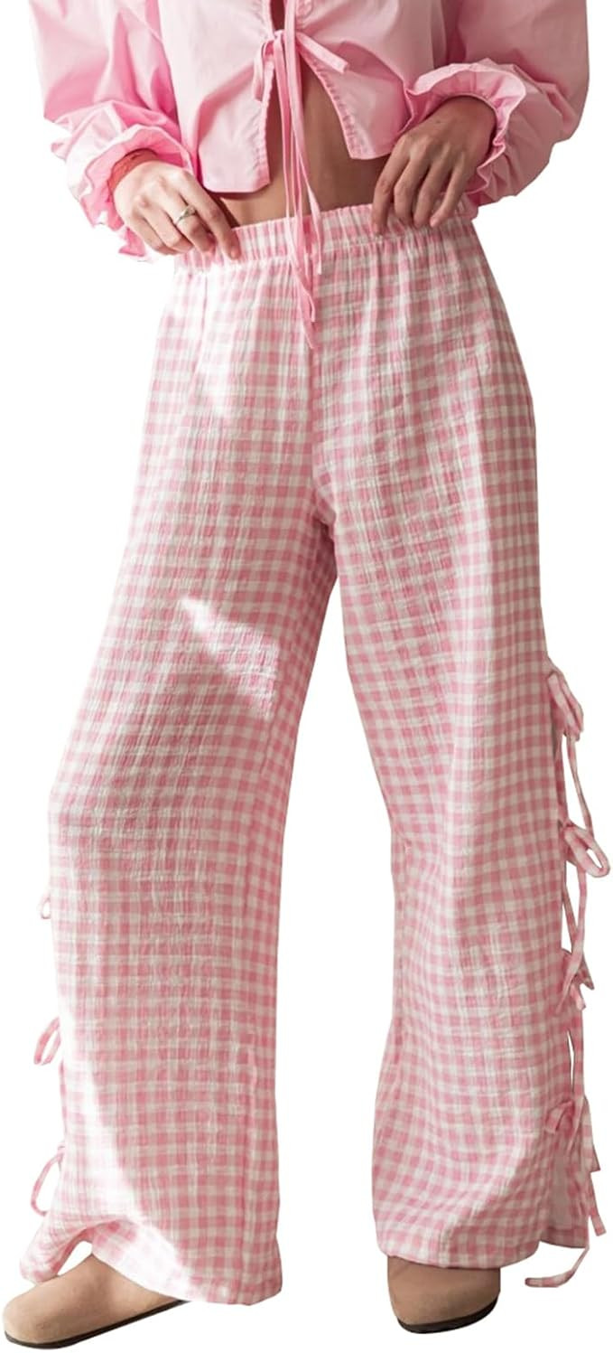 Women Y2k Tie Up Lounge Pants Stripe Plaid Elastic Waist Gingham Pants Casual Straight Wide Leg R... | Amazon (US)