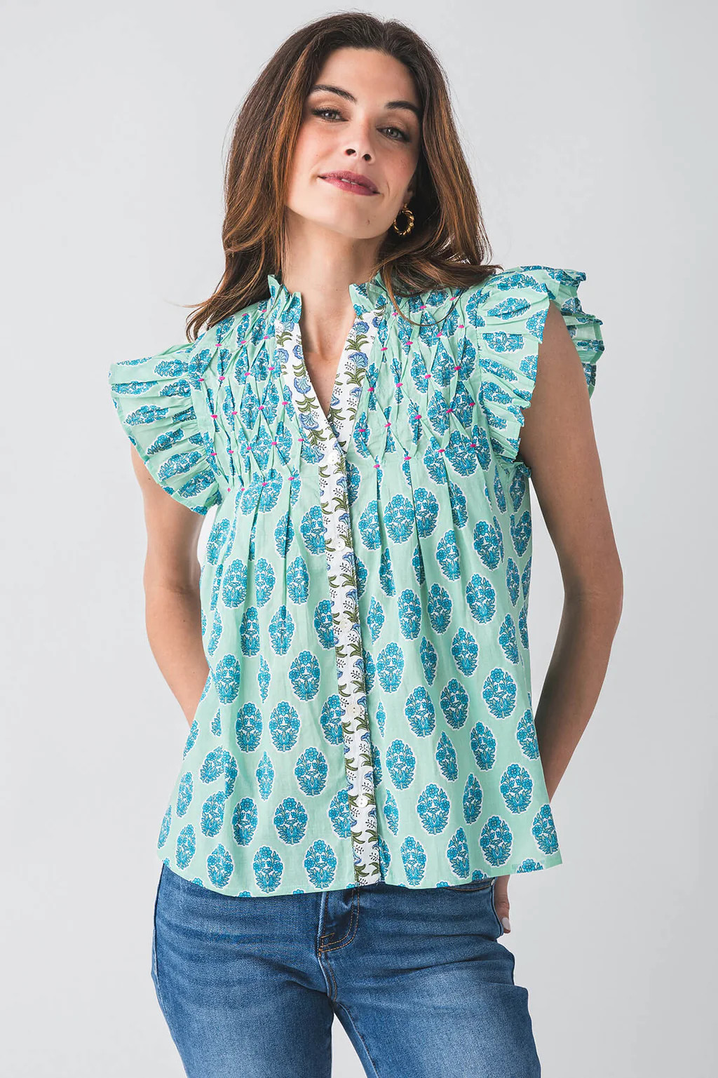 THML Bobby Sleeveless Smocked Shoulder Print Top | Social Threads