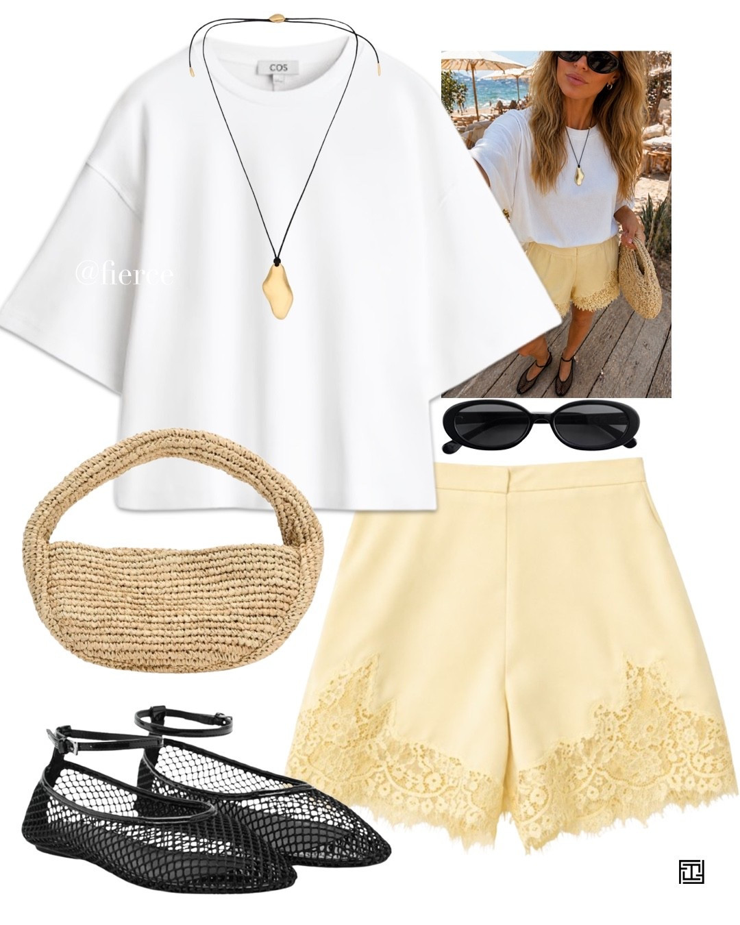 Yellow lace shorts fishnet ballet flats raffia mini bag black oval slim sunglasses 

#LTKeurope #LTKuk #LTKsummer