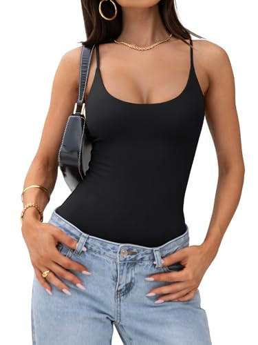 PINKMSTYLE Women Scoop Neck Double Lined Bodysuit Tank Top Sleeveless Backless Spaghetti Strap Cami Sexy Going Out Tops Black Large | Amazon (US)