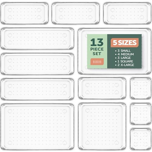 13 PCS Clear Plastic Drawer Organizers Set, 5 Sizes Clear Drawer Organizers & storage Bins for Makeup/Jewelry Vanity, Kitchen Gadgets Or Office Desk. Bathroom Drawer Organizer Trays With Non-Slip Pads | Amazon (US)