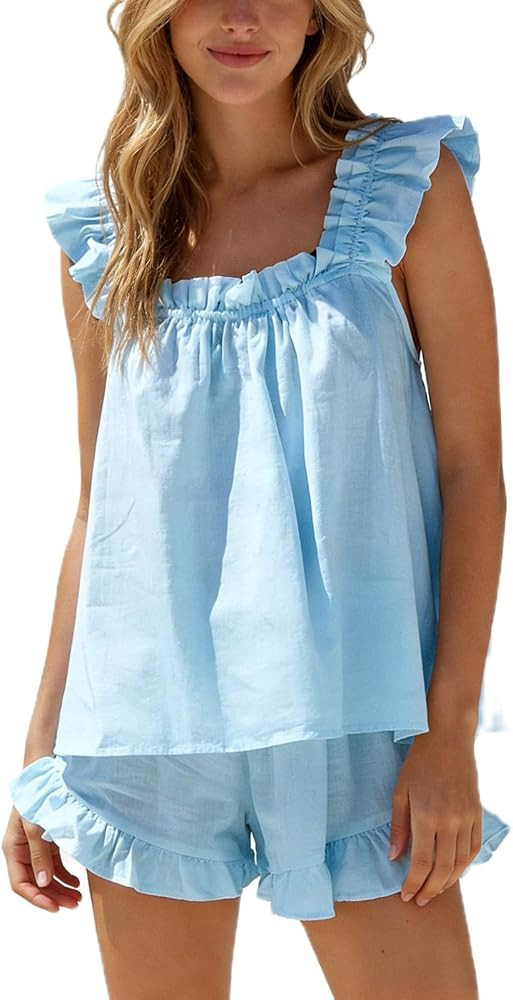 FOMOYUU Womens Summer Pajama Sets Sleeveless Sleepwear Ruffle Trim Tank Top + Shorts 2 Piece Outf... | Amazon (US)