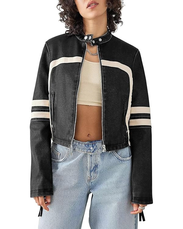 Saodimallsu Women’s Faux Leather Jackets Zip Up Stand Collar Cropped Motocross PU Coats | Amazon (US)