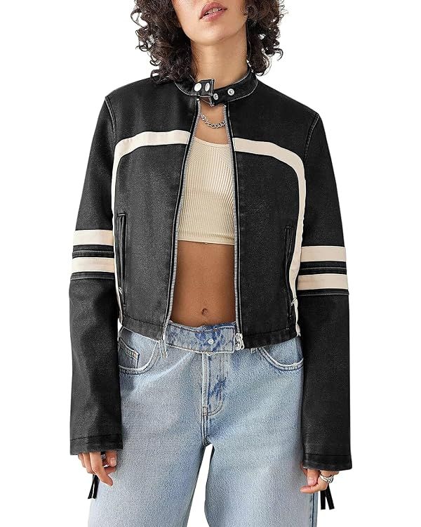 Saodimallsu Women’s Faux Leather Jackets Zip Up Stand Collar Cropped Motocross PU Coats | Amazon (US)