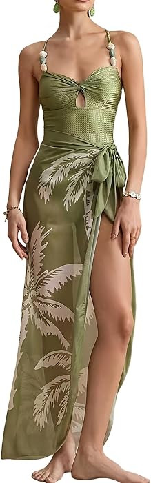 SherryDC One Piece Swimsuit with Cover up Wrap Skirt Sarong Floral Print Plunge V Neck Bathing Su... | Amazon (US)