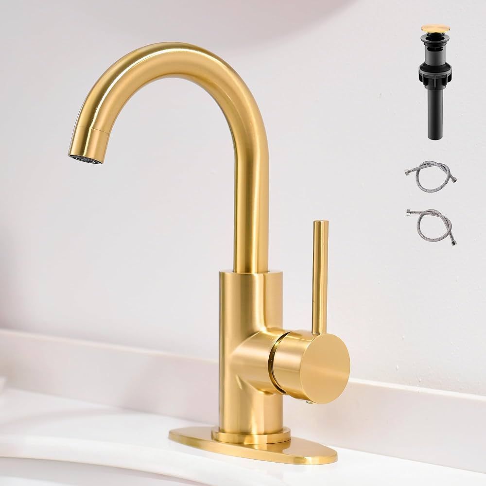 FROPO Gold Bathroom Faucets - Single Hole Waterfall Bathroom Sink Faucet with Drain Assembly, Bru... | Amazon (US)