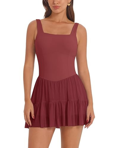 ABOCIW Mesh Tennis Dress for Women, Square Neck Backless Athletic Dress Built in Bra and Shorts Pocket, Pleated Golf Workout Active Summer Dress Burgendy Red Large | Amazon (US)