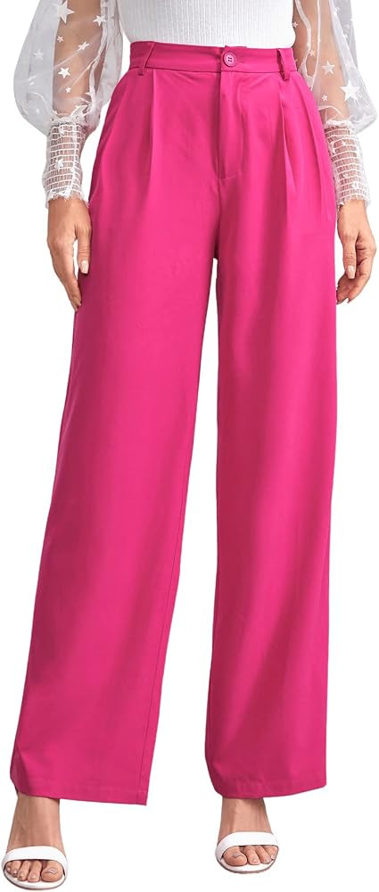 SweatyRocks Women's Casual Wide Leg High Waisted Button Down Straight Long Trousers Pants | Amazon (US)
