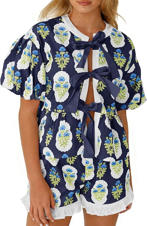Aoysky Womens Floral 2 Piece Short Sets Summer Vacation Outfits Puff Sleeve Babydoll Blouse Ruffl... | Amazon (US)