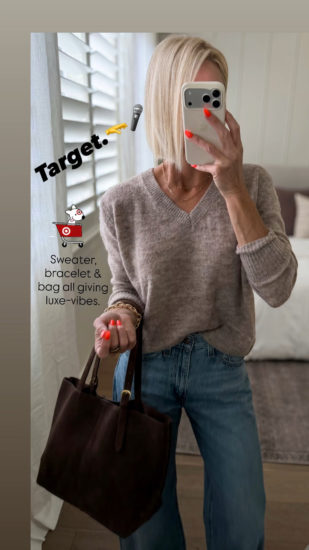 @target fall giving luxe-vibes! V-neck sweater (available in more colors), chunky link bracelet (also in silver), and gorgeous suede brown bag. 
Sweater fits tts, wearing a medium
Jeans fit tts, wearing 27x32

#LTKmomlife #LTKootd #LTKOver40