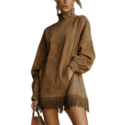 Apvirdy Womens Faux Suede Tassel Mini Dress Vintage High Neck Velvet Dresses Loose Pocket Long Sl... | Amazon (US)