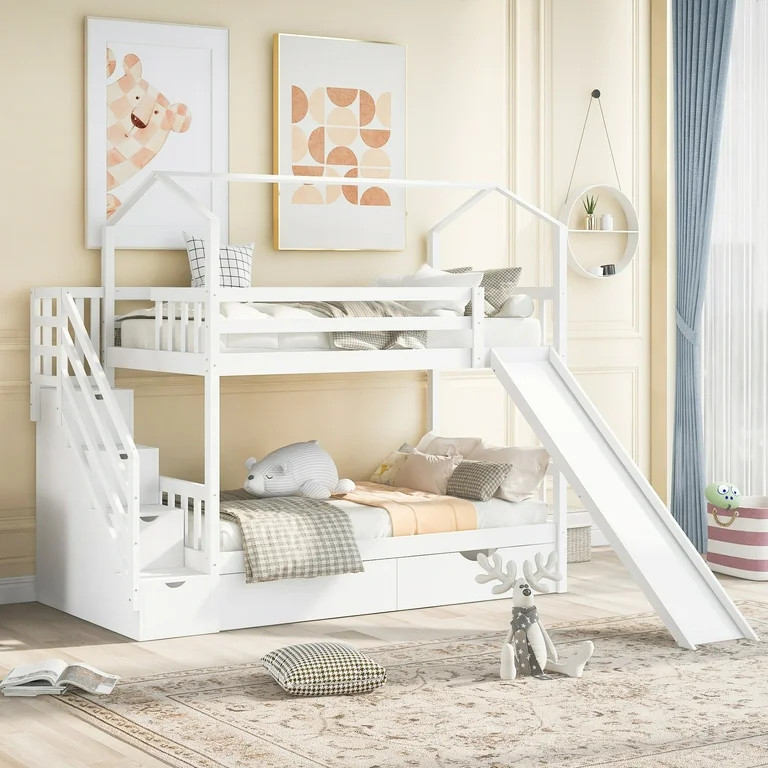 Twin over Twin House Bed with Two Drawers and Storage Staircase, Bunk Bed with Slide and Guardrai... | Walmart (US)