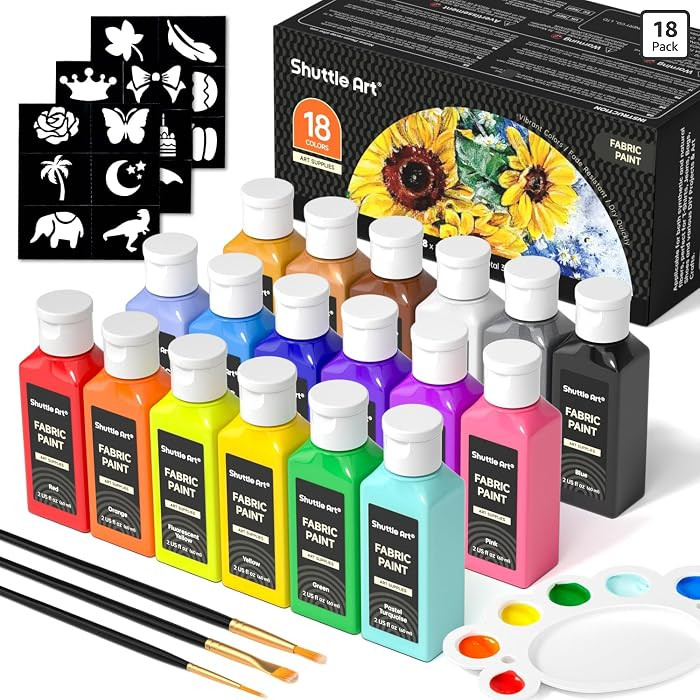 Shuttle Art Fabric Paint, 18 Colors Permanent Soft Fabric Paint in Bottles (60ml/2oz) with Brushe... | Amazon (US)