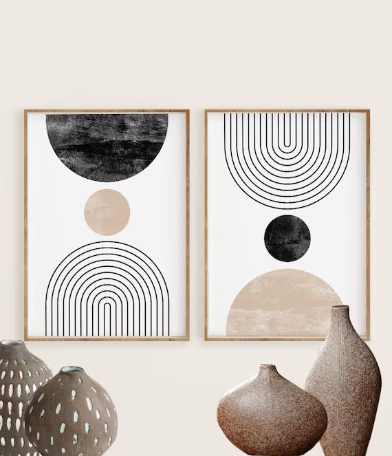 Mid Century Modern Wall Art Print Set of 2, Neutral Abstract Geometric Digital download Prints, B... | Etsy (US)