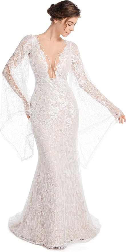 Luxury Lace Flare Sleeves Mermaid Wedding Dress Boho Beach Sexy Deep V Open Back Bridal Gowns | Amazon (US)