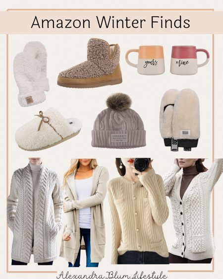 Amazon fashion finds with knit cable knit sweaters cardigans! Slippers, Sherpa mittens, and knit cable knit beanie winter hat and cute coffee mugs! Great gifts for her! 

#LTKSeasonal #LTKHoliday #LTKGiftGuide