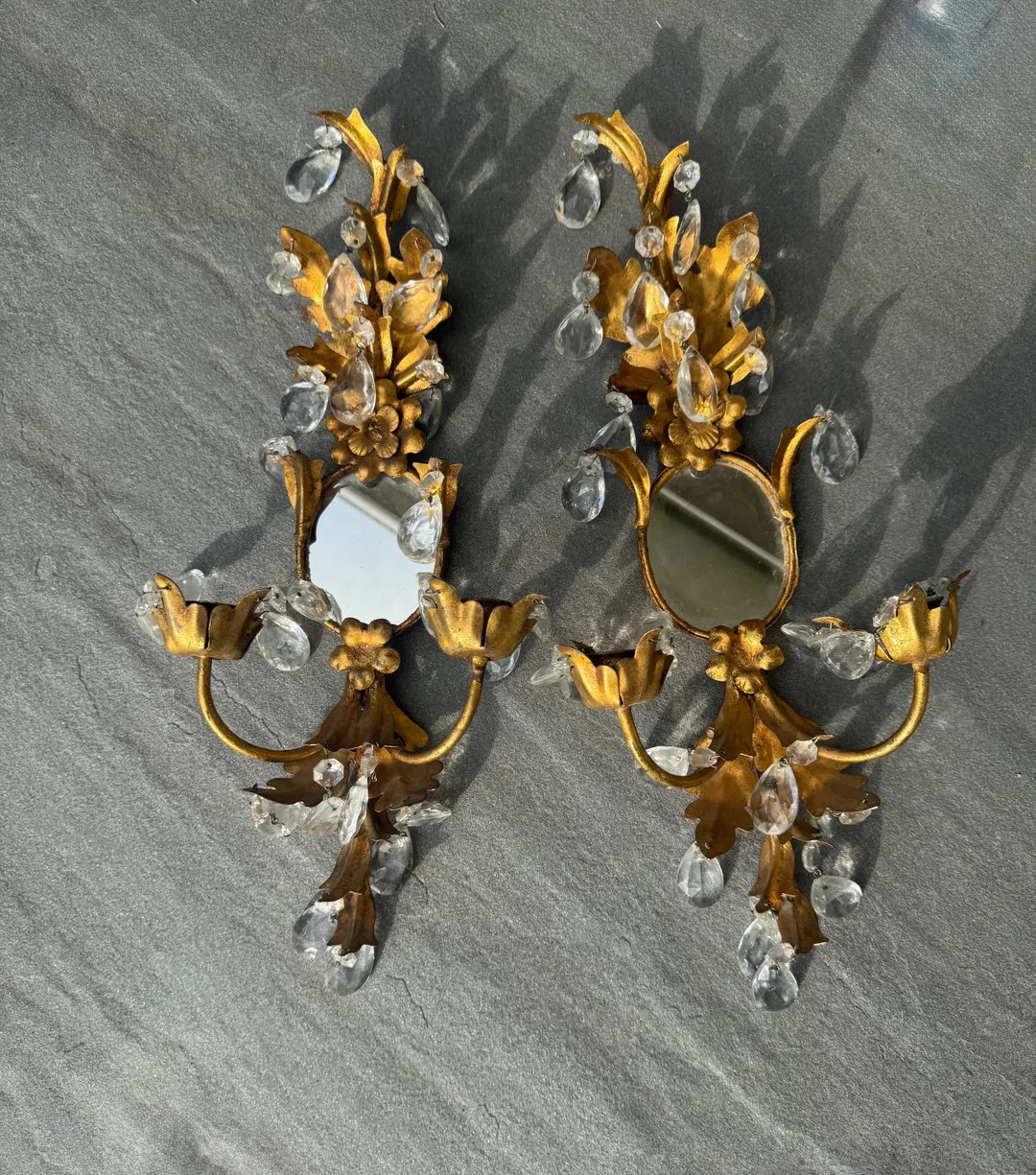 Gold Leaf Candle Sconces Crystal Italian Antique Set of 2 Gallery Wall Sconce - Etsy | Etsy (US)