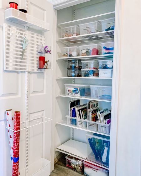 This poor closet was a hot mess with pretty useless shelving (as in one singular shelf) and no purpose. One of our client's goals was to have a place for crafts and gift wrap and we are so delighted with how it turned out.

We love @elfacreatingspace in both the closet and the gift wrap door rack to bring purpose and style to this craft closet. Our in-house installers do all of our installation and then our organizers make it both beautiful and functional so we are truly a one-stop-shop! 💪