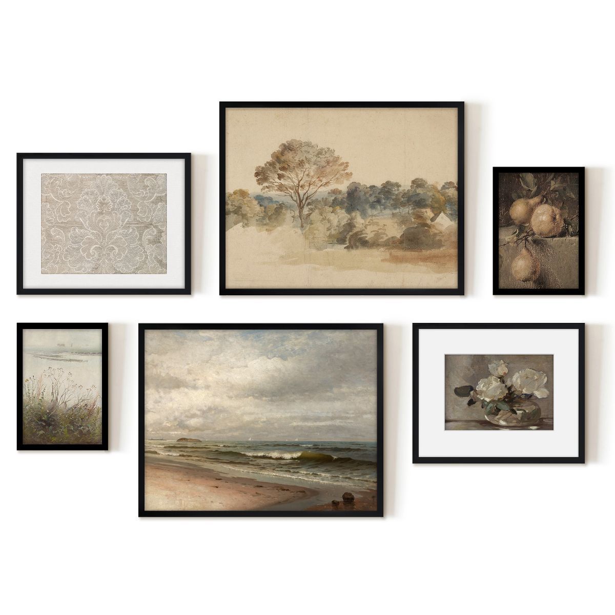 Americanflat 6 Piece Vintage Gallery Wall Art Set - Elm Tree Landscape, The Shore, Woven Silk Tex... | Target