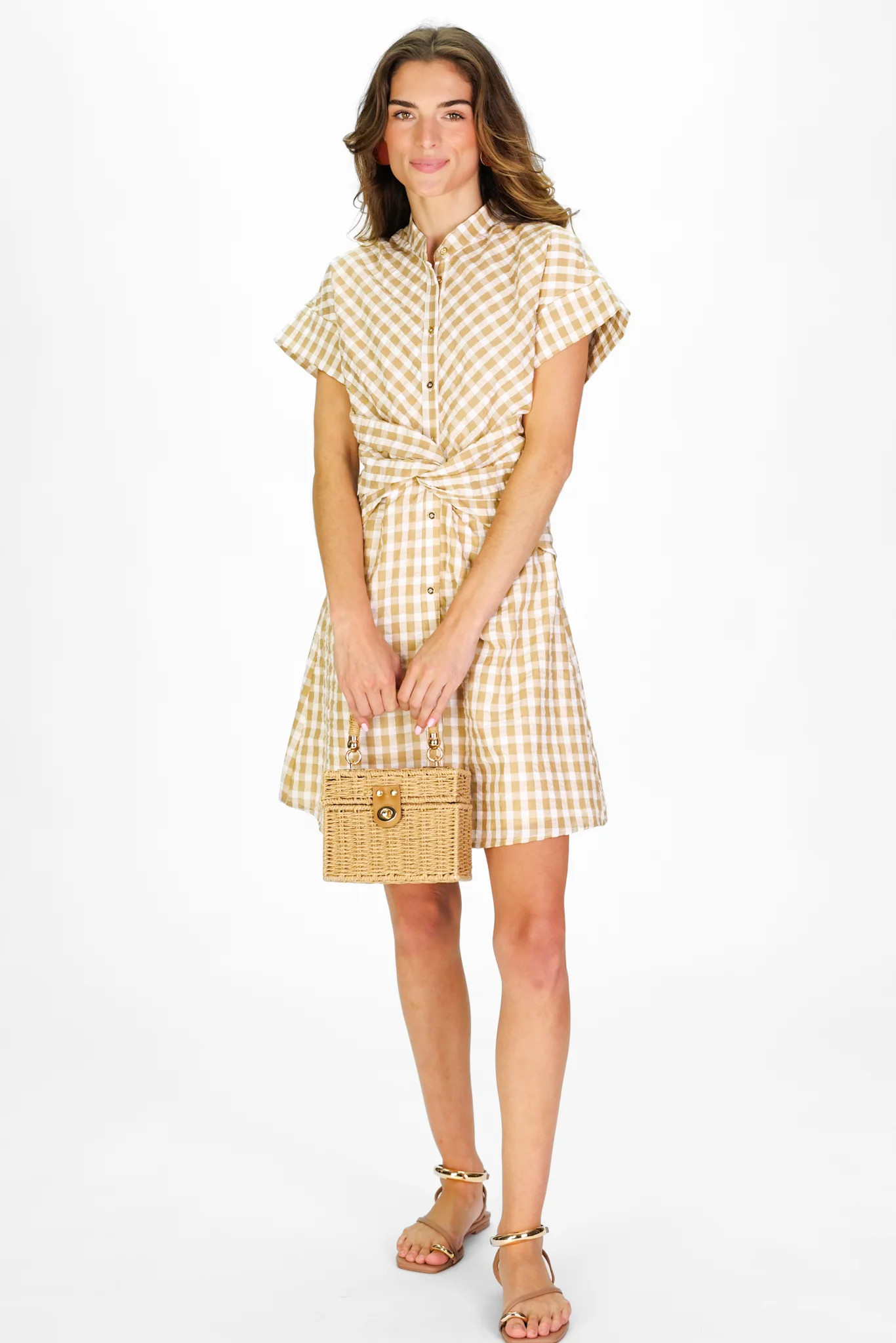 Phoebe Dress in Tan Gingham Seersucker | Duffield Lane