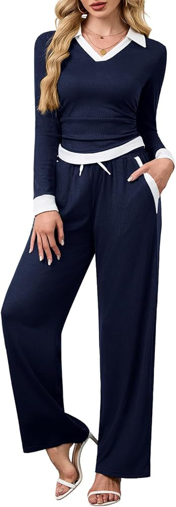 Meetjen Women's 2 Piece Sets Long Sleeve Top Wide Leg Pants Casual Tracksuits Fall Outfit Matchin... | Amazon (US)