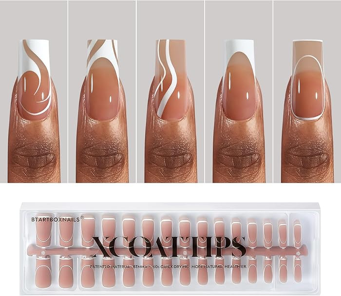BTArtbox French Tip Press on Nails - 5 Styles XCOATTIPS Short Coffin Nails, Pre-Designed Swirl So... | Amazon (US)