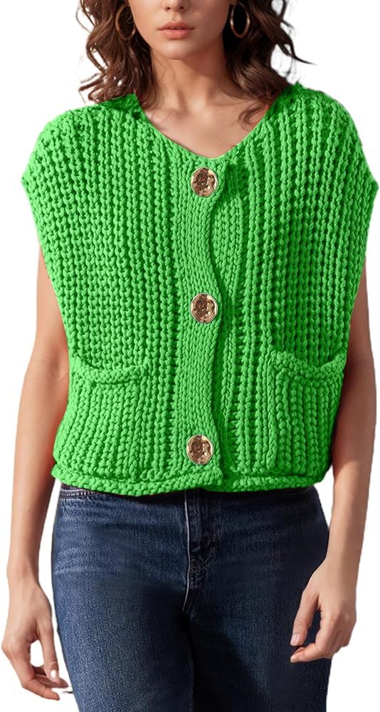 Womens Casual Chunky Knit Vest Gold Button Down Crop Crochet Sleeveless Sweater Vest | Amazon (US)