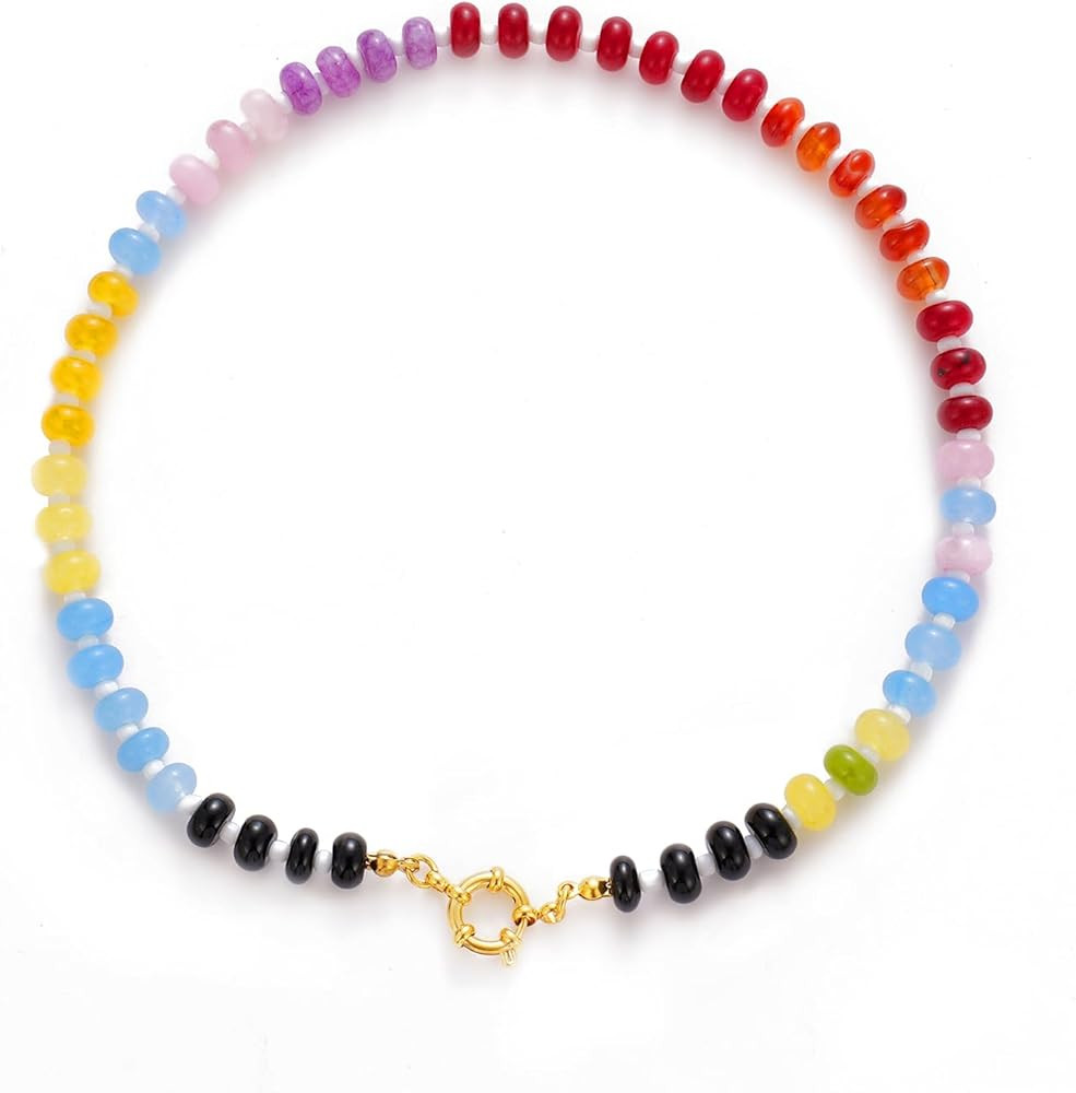 MIFYNN Natural Stone Beaded Necklace for Women Boho Rainbow Charm Necklace Colorful Beads Choker ... | Amazon (US)