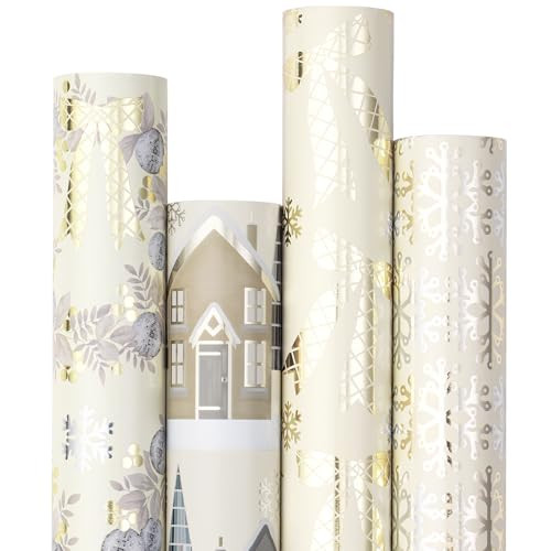 RUSPEPA Elegant Christmas Wrapping Paper Set, Jumbo Roll, Gold Silver Foil Snowflake, Wreath, Winter Village, Bow Design Gift Wrap for Winter Wedding, Holiday, 4 Rolls, 30 inches x 10 feet per Roll | Amazon (US)