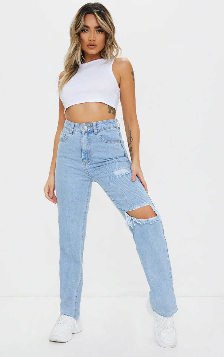 Petite Knee Rip Light Blue Wash Long Leg Straight Jeans | PrettyLittleThing US