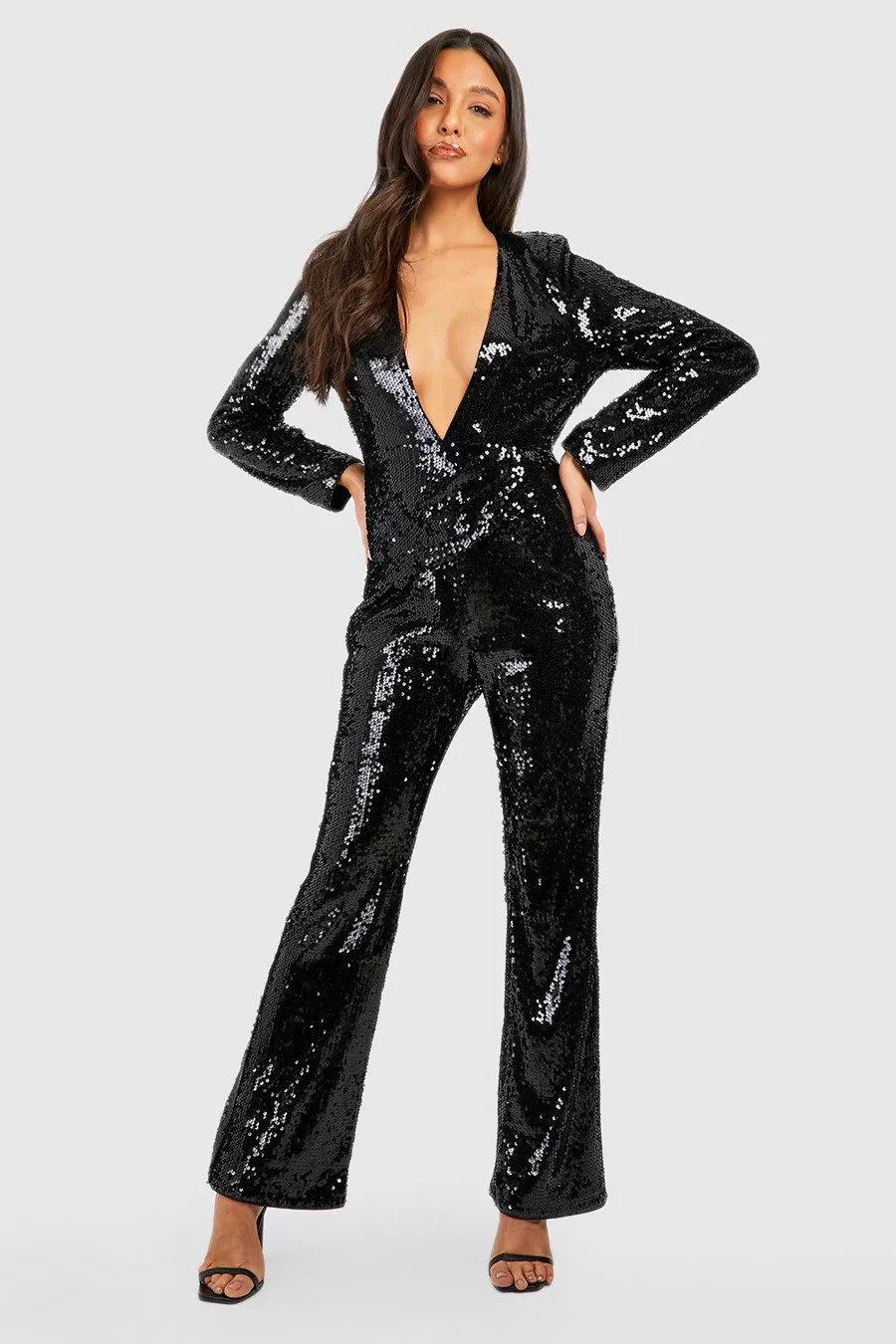Sequin Shoulder Pad Plunge Jumpsuit | boohoo (US & Canada)