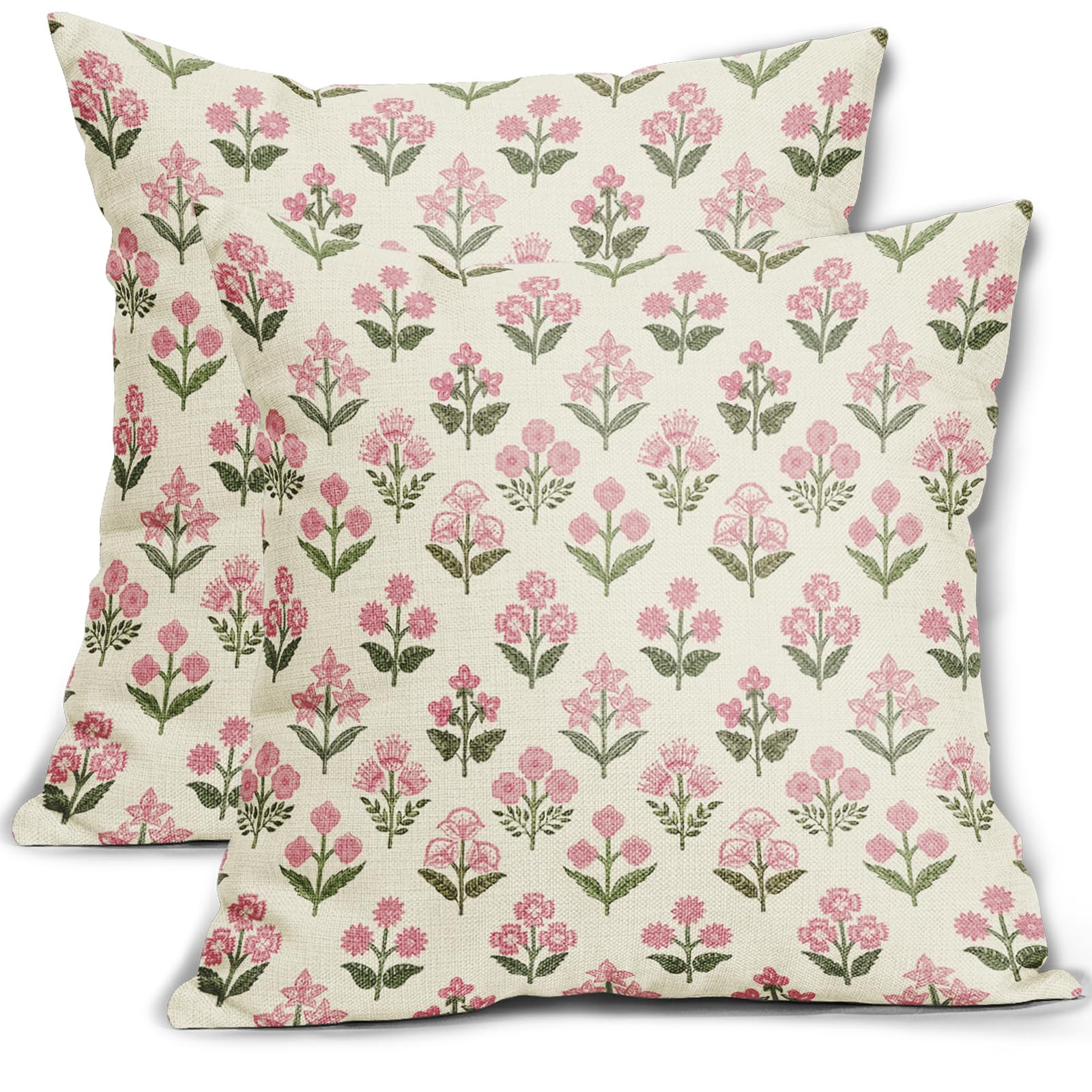 Pink Green Block Print Pillow Covers 20x20 Inch Set of 2 Vintage Floral Decorative Pillow Cases B... | Amazon (US)