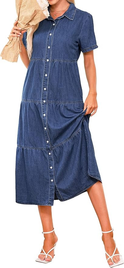 luvamia Denim Dress for Women Button Down Long Jean Shirt Vacation Dresses Babydoll Tiered Casual... | Amazon (US)
