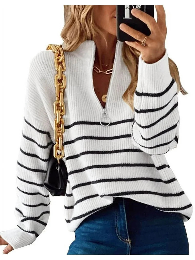 Sweaters for Women Quarter Zip Striped Sweaters Knitted Warm Pullover Sweaters Shermie | Walmart (US)