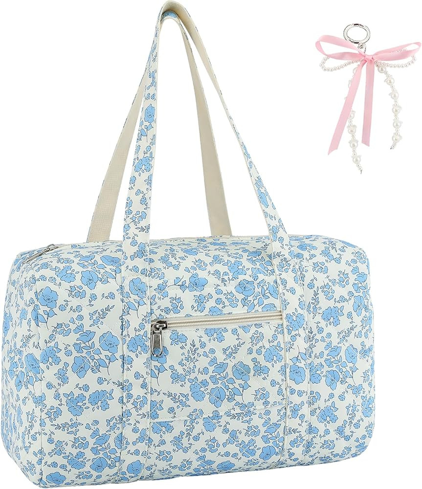 Coquette Bag with Ribbon Pearl Bow - Blue Travel Bags,Quilted Duffle Bag for Women,Girls Duffle O... | Amazon (US)