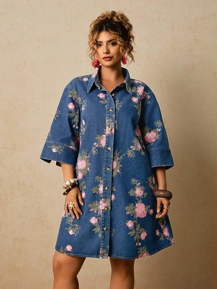 Travachic Plus-Size Printed Denim Dress, Loose Floral Shirt Dress, Summer Casual Versatile Dress,... | SHEIN