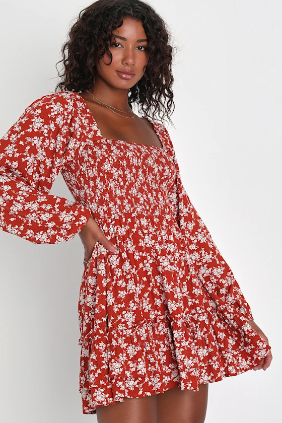 Delightful Dreams Rust Floral Smocked Balloon Sleeve Mini Dress | Lulus (US)