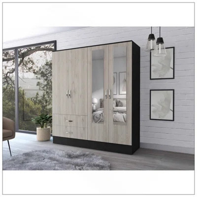 Florencia L Mirrored Armoire, Two Cabinets With Divisions,Black And Light Grey | Wayfair North America