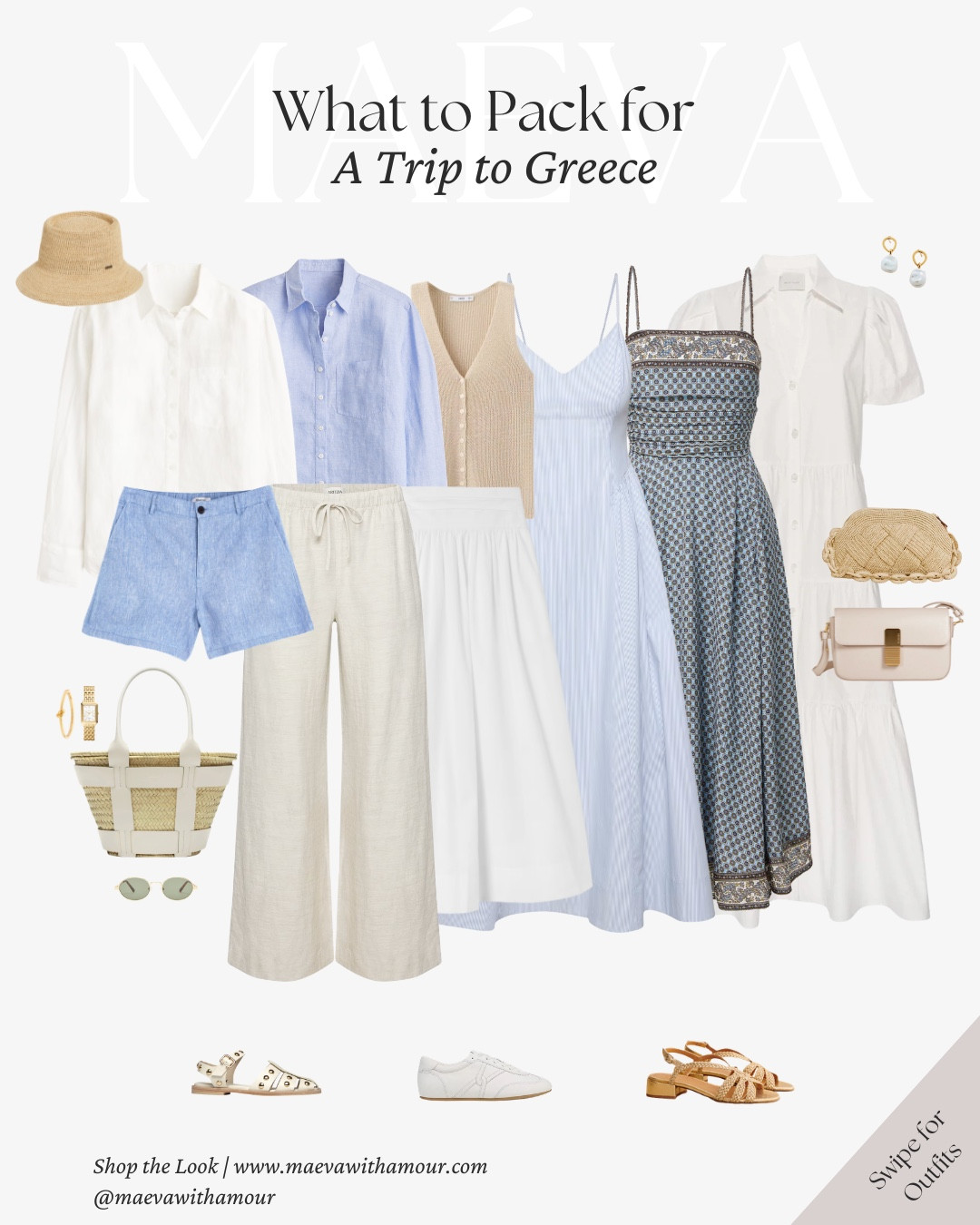 What to Pack for a Trip to Greece 🩵 featuring 14 summer looks

Greece has long been one of my dream destinations, from slow mornings in whitewashed villages, to seaside lunches overlooking the water, sunset walks along quiet harbors, and golden hour dinners by the sea ☀️ I was so excited when the Maéva community requested Greece as our next What to Pack destination, it feels like the perfect place for effortless, sun-filled outfits!

For this capsule, I was inspired by soft blues and crisp whites, a palette that feels naturally at home in the Greek islands 🤍 Linen, cotton, and lightweight textures help create outfits that feel polished yet easy to wear from daytime exploring to relaxed evenings

Even if travel is not currently planned, these outfit formulas can also serve as inspiration for a refined and versatile warm-weather wardrobe!

Packing notes for Greece:
-build around a cohesive color palette
-prioritize breathable fabrics like linen & cotton
-choose comfortable shoes for walking
-pack pieces that mix easily together
-include light layers for breezy evenings
-don’t forget your favorite swimwear for beach days & boat outings
-if white isn’t your preference, light brown, navy, or even a soft yellow would be beautiful alternatives

🩵 Love this capsule? Comment SHOP to receive the link, or head to the link in bio to explore the full edit and more

✨ I’ve also shared the full packing guide and personal notes for warm weather in Greece over on maevawithamour.com

👉 Save and follow along for more French-inspired style, thoughtful edits, and wardrobe ideas designed to elevate your everyday

With Amour, M.

#capsulewardrobe #packingtips #frenchstyle #travelwardrobe #greece

#LTKTravel #LTKootd #LTKSeasonal