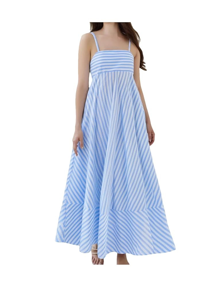 Women Elegant Striped Maxi Dress Fashion Sleeveless Square Collar Spaghetti Straps Casual Dress | Amazon (US)