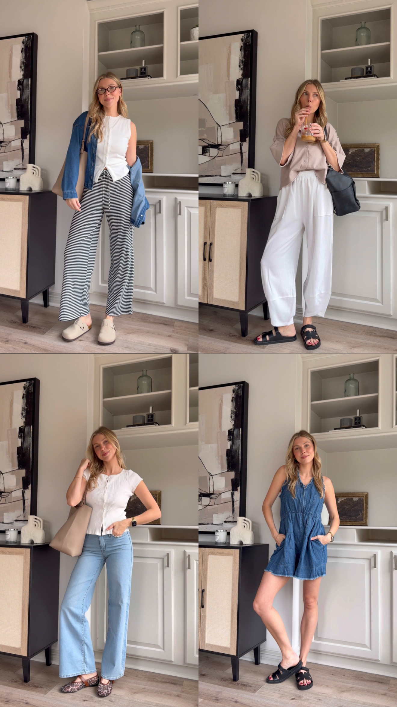 Everyday cute but comfy mom outfits | Nursing approved! M in striped pants, S button tank, M white pants, S cardigan top, M white button short sleeve top, 26 denim + M denim romper.  

 